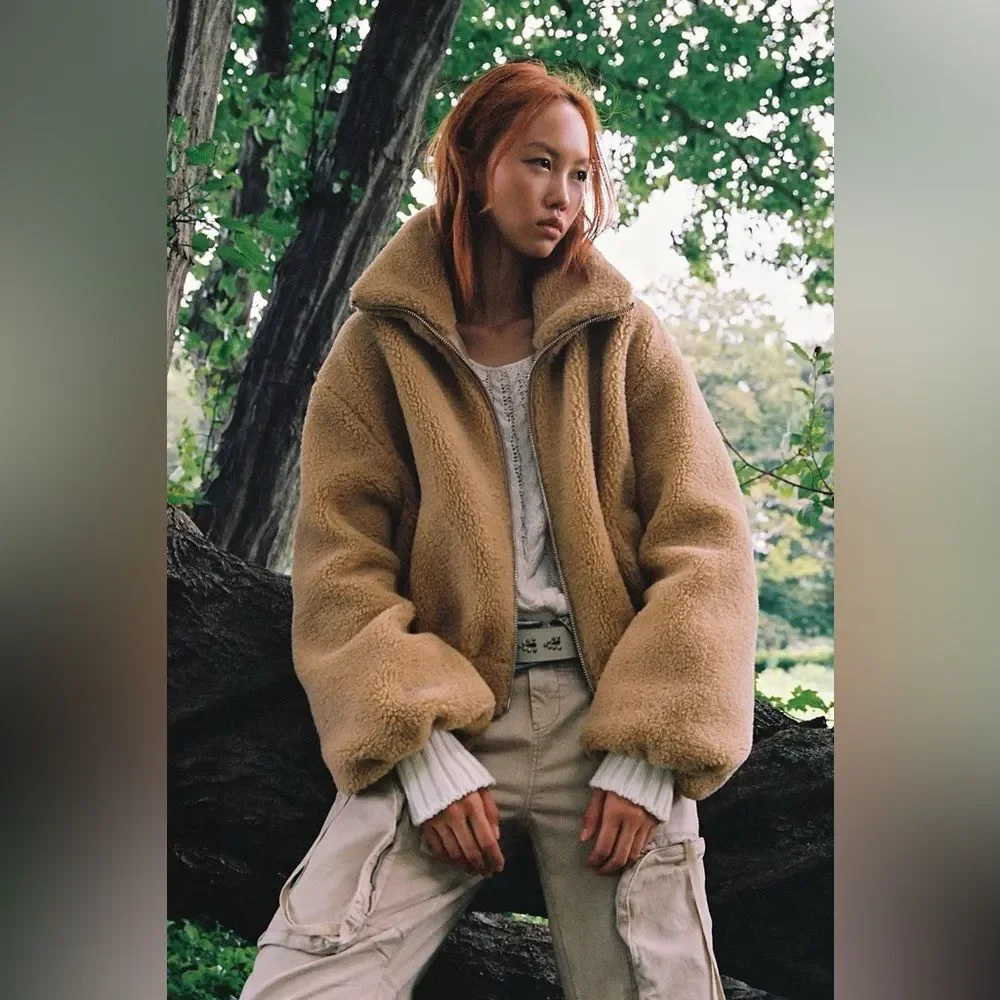 NWT Free People Get Cozy Teddy Full Zip Jacket in Camel Tan - Picture 1 of 12